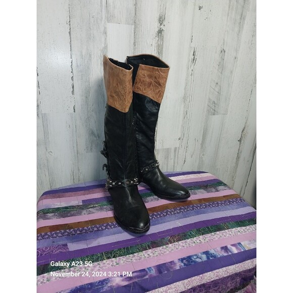 Sam Edelman Park Studded Knee Boots Women's Size 8 M, Black Tan Leather 3282 - Picture 1 of 11